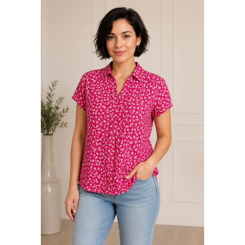 J.Crew Pink Floral Popover Blouse Size S Short Sleeve Cotton Stretch Top #V